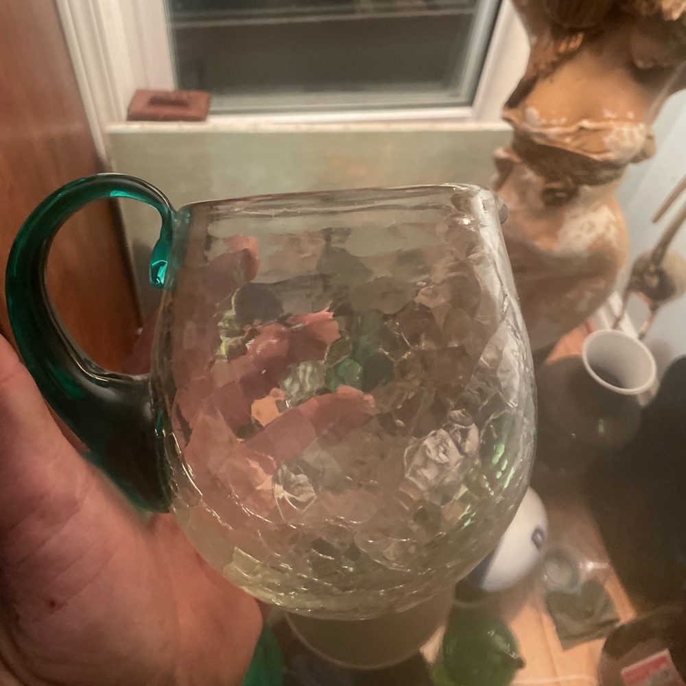 Mcm 1950’s Blenko Crackle Green Handled pitcher!